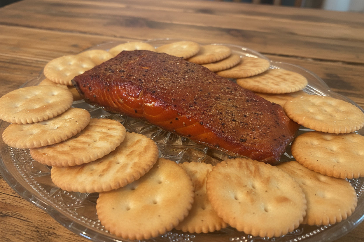Lemon pepper seasoned smoked sockeye salmon close-up, Parker's Wild Alaskan Seafood