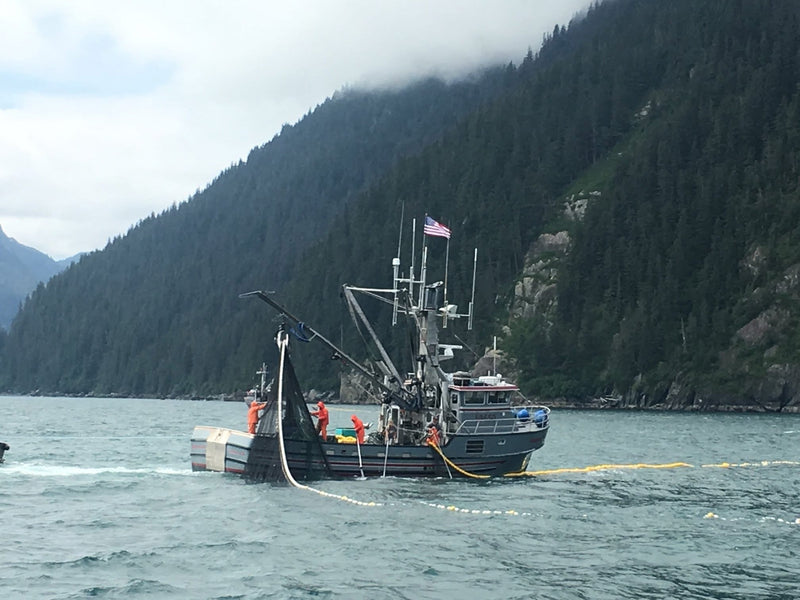 Fishing boat with crew members on a body of water with mountains in the background