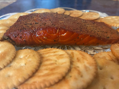 Lemon pepper seasoned smoked sockeye salmon close-up, Parker's Wild Alaskan Seafood